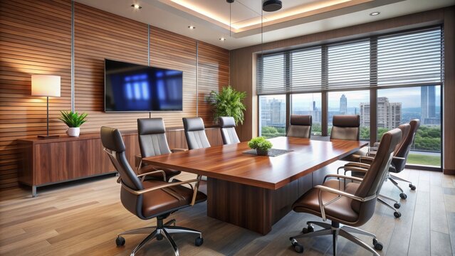 A sleek, modern conference room with a polished wooden table, high-backed leather chairs, and a large screen displaying a secure connection status.