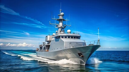 Naklejka premium A sleek, modern patrol ship navigates through open waters, its deck equipped with radar and communication systems, under a clear blue sky.