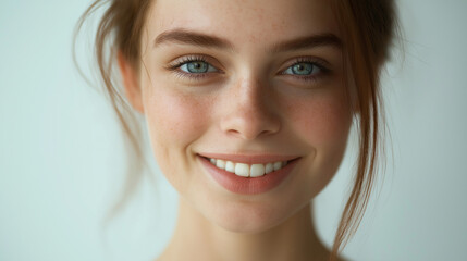 Naklejka premium Close-up of a young woman with a radiant smile, natural makeup, and clear skin, capturing the essence of beauty and confidence.