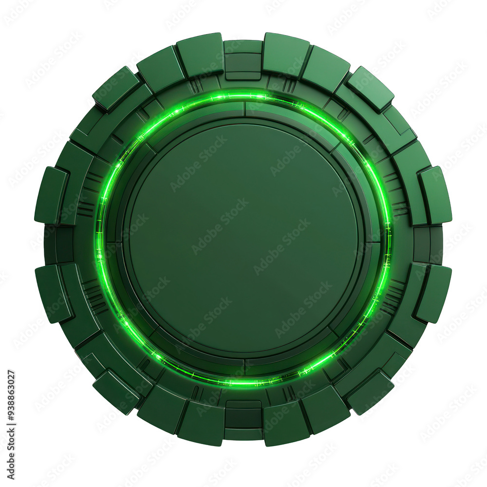 Poster high-tech futuristic green circle button with neon lights, perfect for technology interfaces and dig