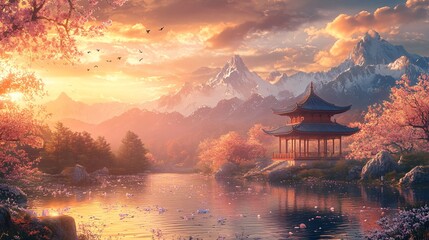 Fototapeta premium A serene Chinese garden with a traditional pavilion, cherry blossoms, and koi ponds, surrounded by towering mountains and a golden sunset