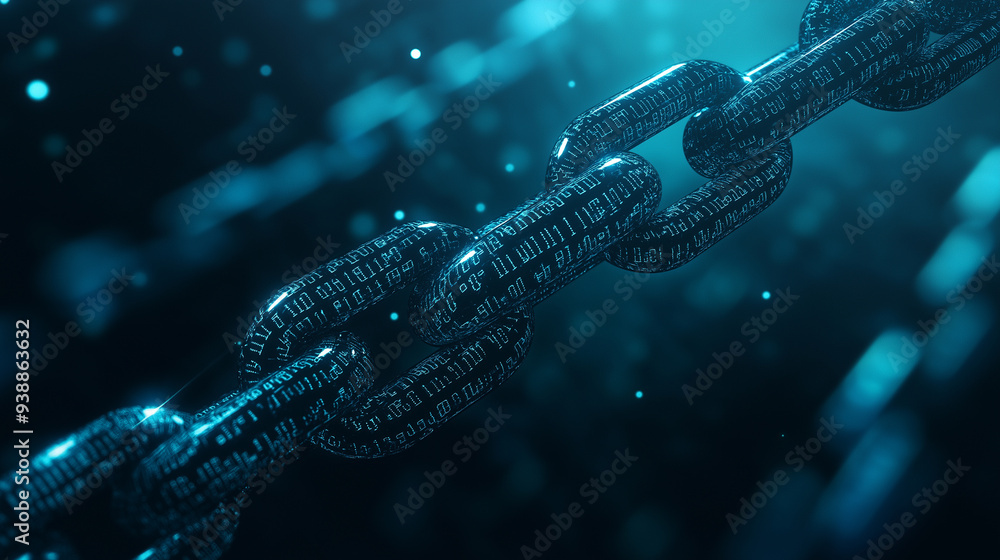 Poster a close-up of a digital chain link glowing with blue light, symbolizing the strength and security of