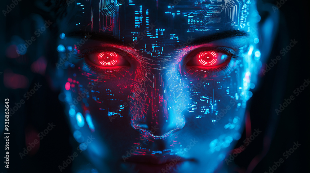 Poster a futuristic face with glowing red eyes and digital circuitry patterns, representing the merging of 