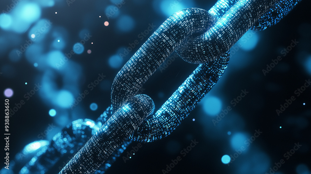 Poster a close-up of a digital chain link glowing with blue light, symbolizing the strength and security of