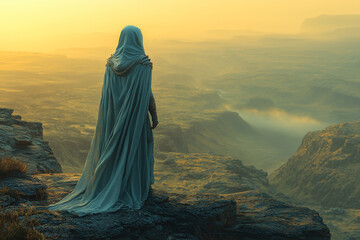 solitary figure in a flowing hooded cloak standing on a cliff, overlooking a vast golden-hued landscape at sunrise with a serene atmosphere