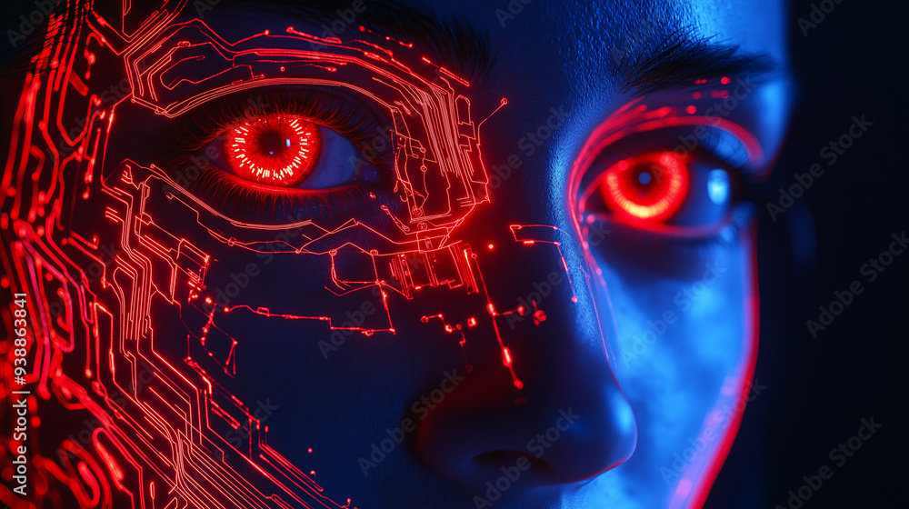 Poster a futuristic face with glowing red eyes and digital circuitry patterns, representing the merging of 