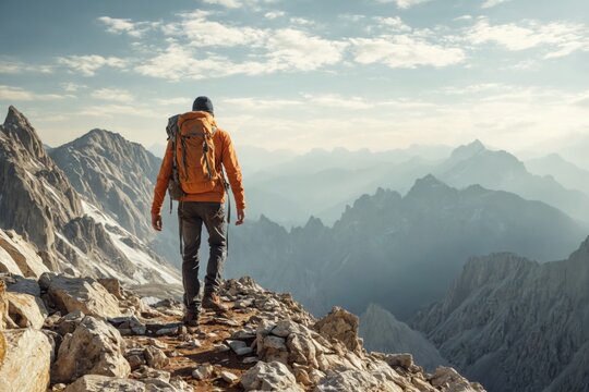Person hiking rocky mountain peak is wearing orange Climber back