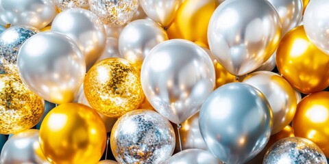 Festive Abstract Balloons in Gold and Silver: Elegant Celebration Design for National Day, New Year, Birthdays, and Anniversaries. Minimalist Composition with Stylish Gradients and Textures. Versatile