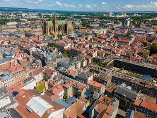 View from above to the city of Metz which is a town in France with a historical city center 