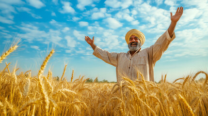 A joyful farmer standing in a golden wheat field with arms raised to the sky.
