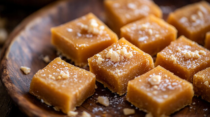 Deliciously crafted squares of homemade fudge topped with crushed nuts, served on a rustic wooden plate