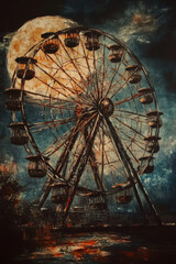 A painting of a Ferris wheel with a full moon in the background