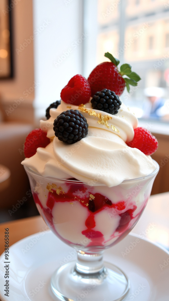 Wall mural Closeup of a Delicious Dessert with Whipped Cream and Berries