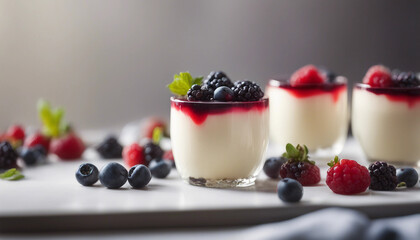 A close-up of a panna cotta topped with a thin layer of fruit coulis and fresh berries