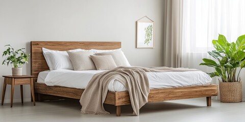 Elegant Minimalistic Bedroom with Natural Wood Bed and Beige Accents