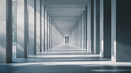 Fototapeta premium A minimalistic hallway with tall pillars casting long shadows.
