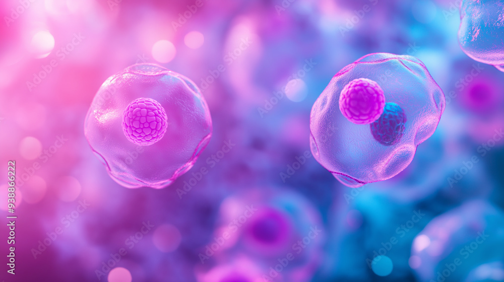Poster a close-up of cells dividing and growing under a microscope in a scientific setting.
