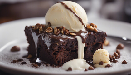 A close-up of a rich chocolate brownie topped with a scoop of vanilla ice cream, drizzled with warm