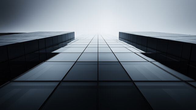 A monochrome upward view of modern skyscrapers with reflective glass facades.
