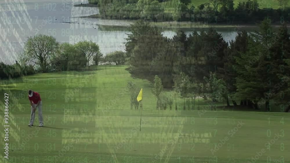 Poster golf course with trees and lake, data processing animation over landscape