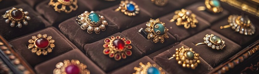 A close-up shot of a collection of gemstone rings displayed in a jewelry box. The rings are made of gold and are adorned with various gemstones, including rubies, emeralds, sapphires, and diamonds.