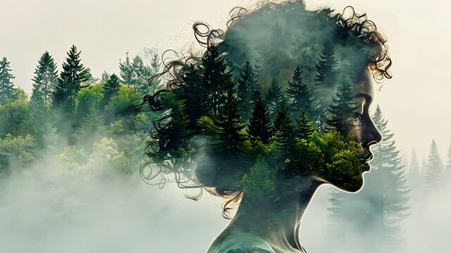 Woman and Nature: A double exposure portrait of a woman with a forest superimposed, blending human and nature in a surreal and ethereal image.  The image evokes a sense of interconnectedness and harmo