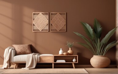Cozy home interior with wooden furniture on brown background, empty wall mockup in boho decoration, 3d render