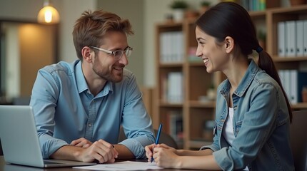 Positive Professional Interaction: Smiling Businessman and Businesswoman Discussing Project on Laptop in Modern Office Environment