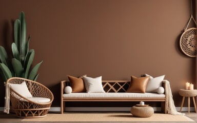 Cozy home interior with wooden furniture on brown background, empty wall mockup in boho decoration, 3d render