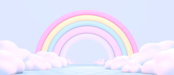 3D render cartoon rainbow and clouds on blue checkered pattern floor.