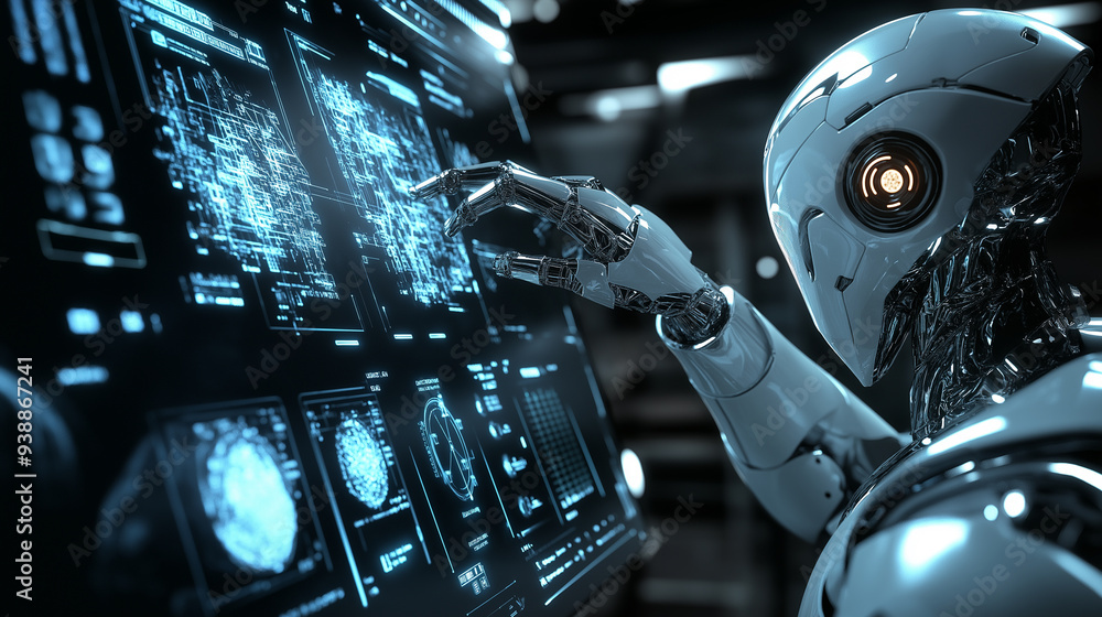 Poster a robotic hand operating a complex digital control panel in a futuristic setting.
