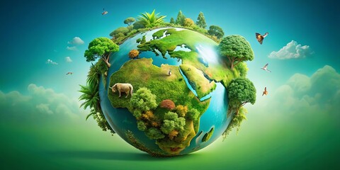 Naklejka premium A vibrant green earth globe enveloped in lush vegetation and wildlife
