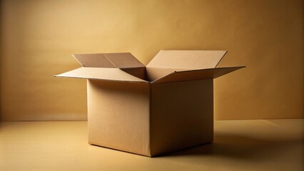 A sturdy, unadorned cardboard box with a flipped open lid, revealing a dimly lit, empty interior, set against a neutral, beige-colored background.