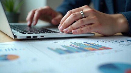 Business Analytics and Financial Planning: Close-up of Professional Hands Working on Laptop with Charts and Graphs