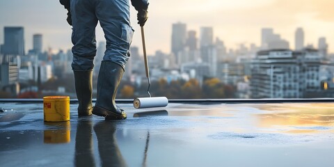 Using a roller brush to apply a waterproof coating to a rooftop