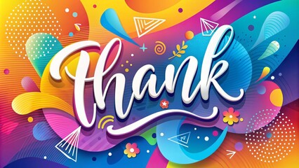 A stylized, colorful, and modern vector illustration of a handwritten thank you note with bold fonts and abstract shapes on a bright background.