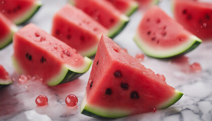 A close-up of freshly cut watermelon wedges arranged on a cool, marble surface