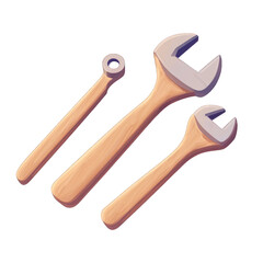 Set of three wooden-handled wrenches isolated on white background, showcasing different sizes for various repair tasks and DIY projects. transparent background