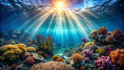 Obraz premium Sunlight illuminates the stunning coral reef landscape in the ocean depths, creating beautiful sunbeams underwater