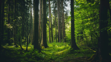 Obraz premium A forest with tall trees and a lush green undergrowth. The forest is a peaceful and serene place, with the sunlight filtering through the trees and creating a warm and inviting atmosphere