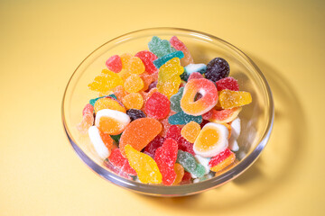 Closeup of fruit candy gummies in different colors