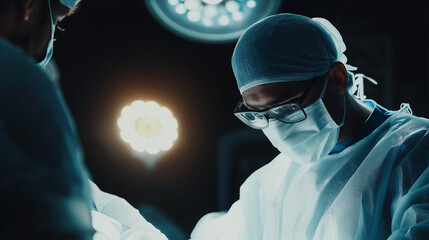 Surgeons in an operating room performing a surgery under bright lights.