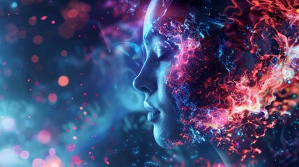 Abstract artwork illustrating a woman's profile merging with swirling colors, representing energy and creativity.