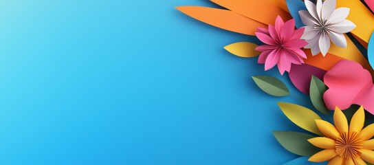 A vibrant background with colorful paper flowers and leaves on the right side