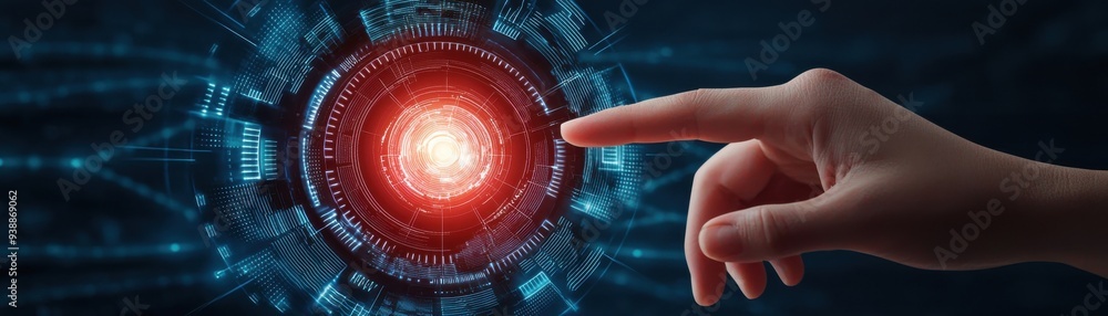 Poster a hand reaching out to touch a glowing red interface, symbolizing technology and interaction with fu