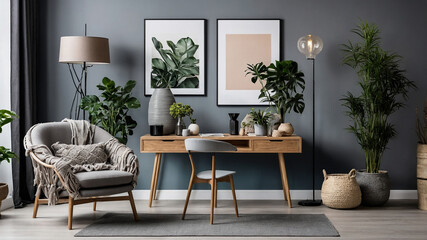 Stylish modern living room with indoor plants, minimalist furniture, and neutral color palette: chic decor.