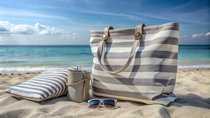 striped gray, bag, beach, set, sunglasses