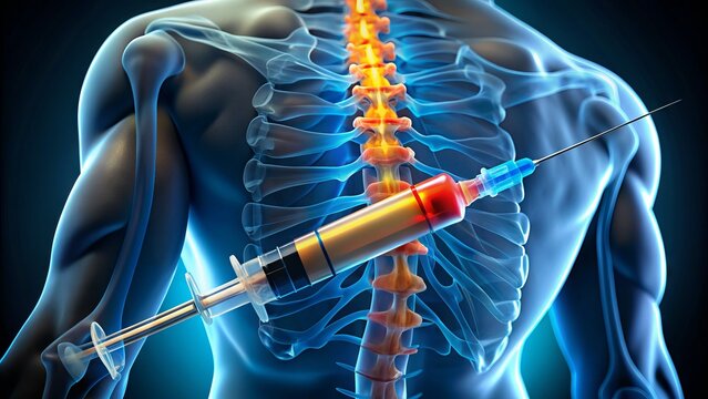 A syringe with a long needle is inserted into the epidural space of the spine, administering a steroid injection to relieve back pain and inflammation.