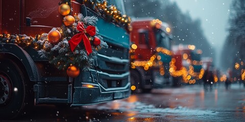 Christmas-decorated truck with lights and wreath in a snowy evening setting. Perfect for holiday transportation and festive scenes.
