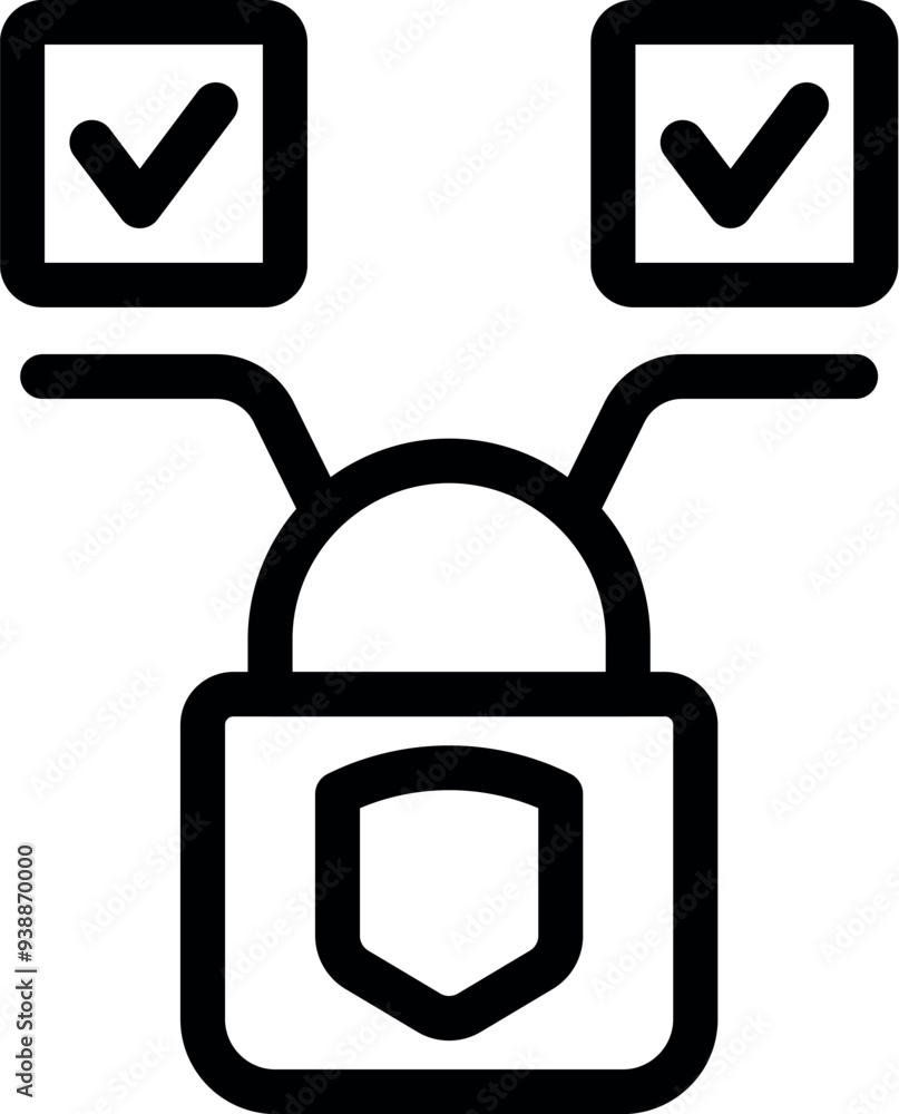 Poster padlock with a shield is verifying access with two checkmark icons, representing a secure two factor
